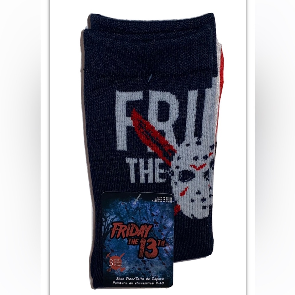 Friday The 13th Crew Socks 3 Pair Women’s 4-10 Black White Red Jason Mask Horror